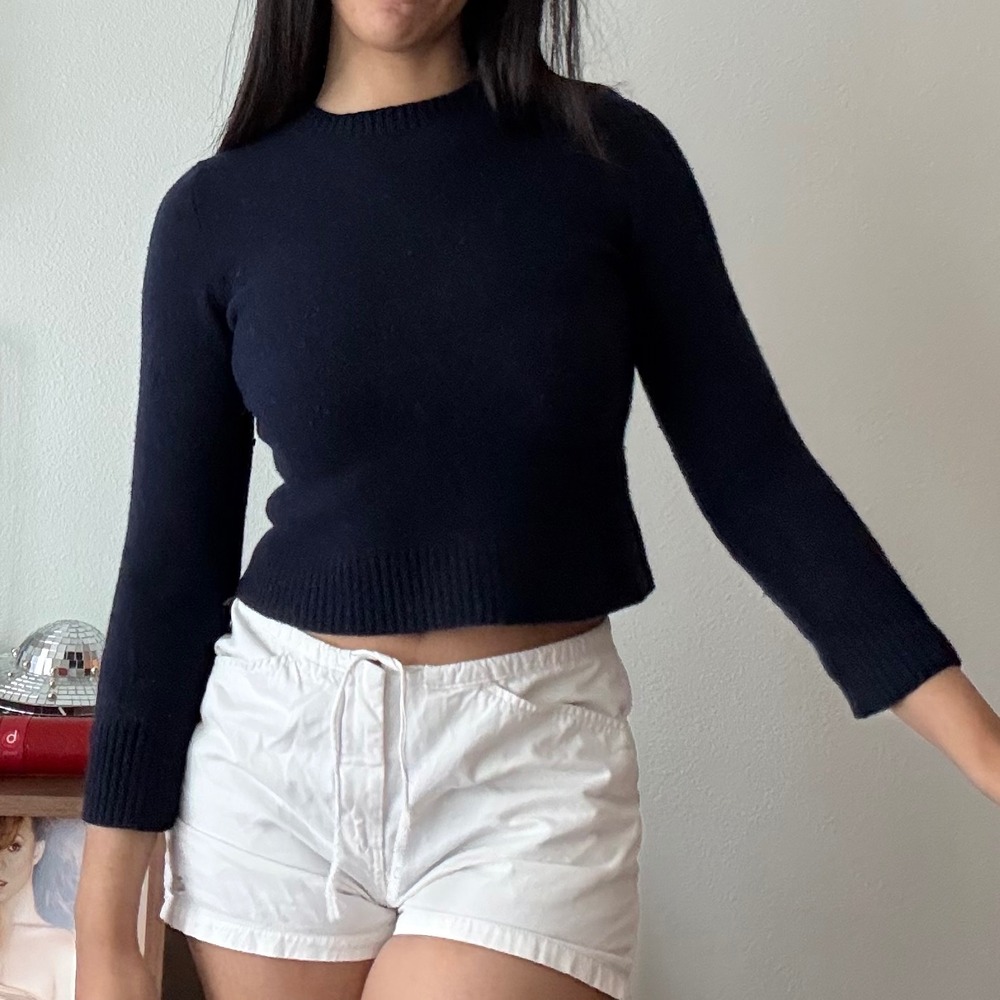 J.Crew Navy Blue 100% Lambswool Crewneck Sweater Slim Fit Cropped Knit
